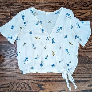 White Floral Wrap-Tie Top